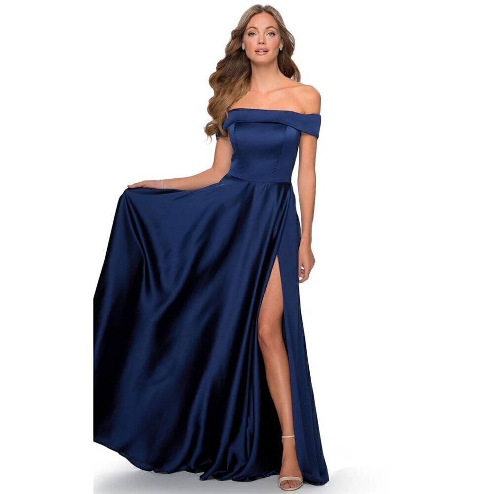 LA FEMME Off Shoulder Satin A-Line Gown in Navy Size US 6